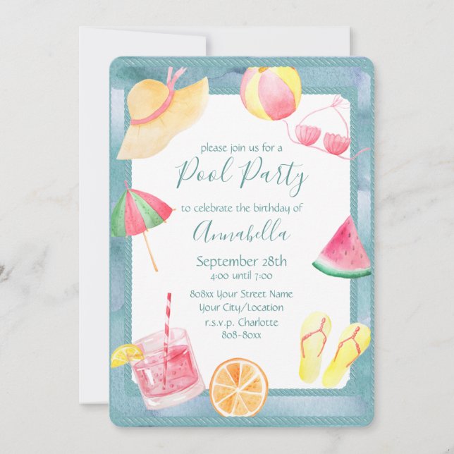 Invitación Fiesta de Piscina al Estilo Acuarela (Anverso)