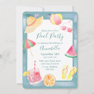 Invitación Fiesta de Piscina al Estilo Acuarela