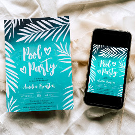 Invitación Fiesta de piscina azul hoja de palma tropical Cump
