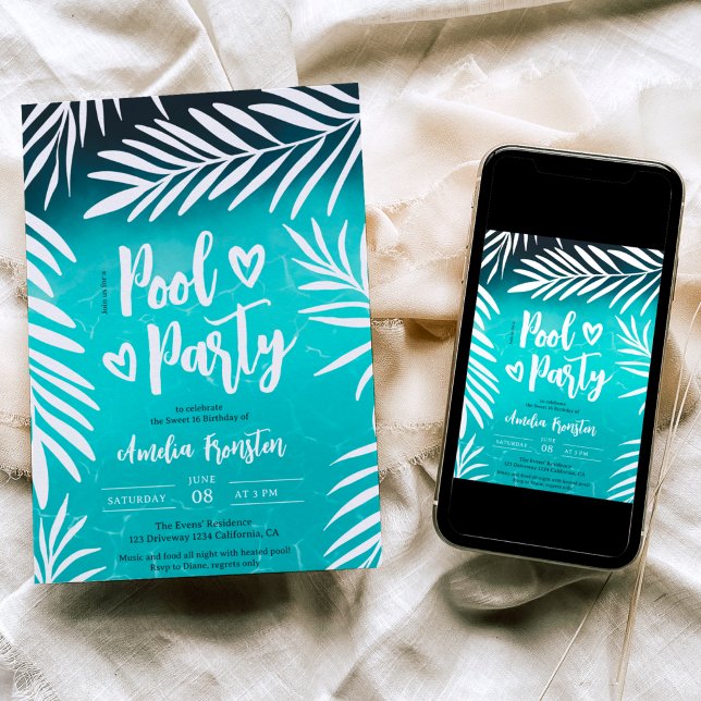 Invitación Fiesta de piscina azul hoja de palma tropical Cump (Subido por el creador)