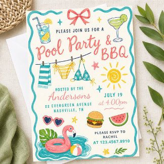 Invitación Fiesta de Piscina BBQ Verano Patio Tropical BBQ Fa