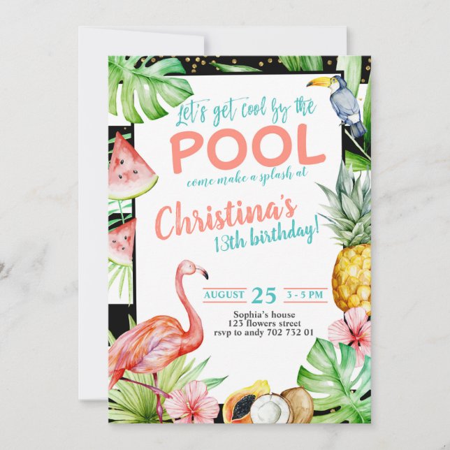 Invitación Fiesta de piscina chica Cumpleaños Flamingo tropic (Anverso)