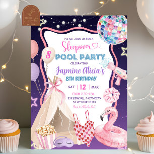 Invitación Fiesta de Piscina Chica Púrpura Rosa Sleepover  Cu