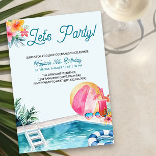 Invitación Fiesta de Piscina Cócteles de Verano Cumpleaños de