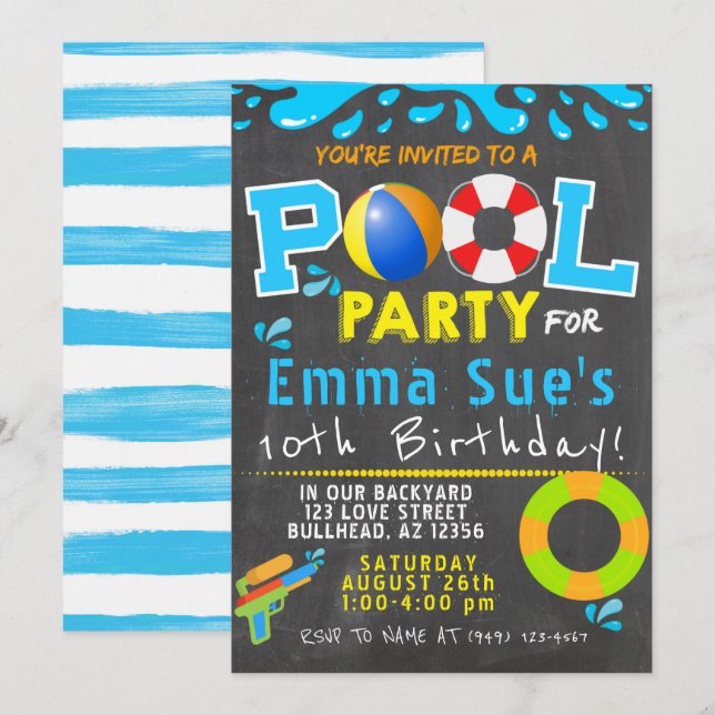 Invitación Fiesta de piscina colorida (Anverso / Reverso)