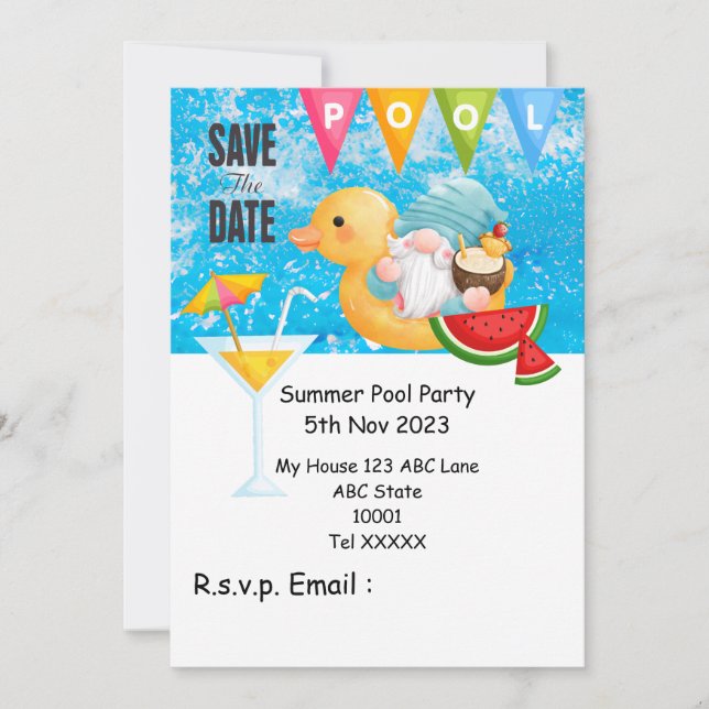 Invitación Fiesta de piscina con bebida en la piscina (Anverso)