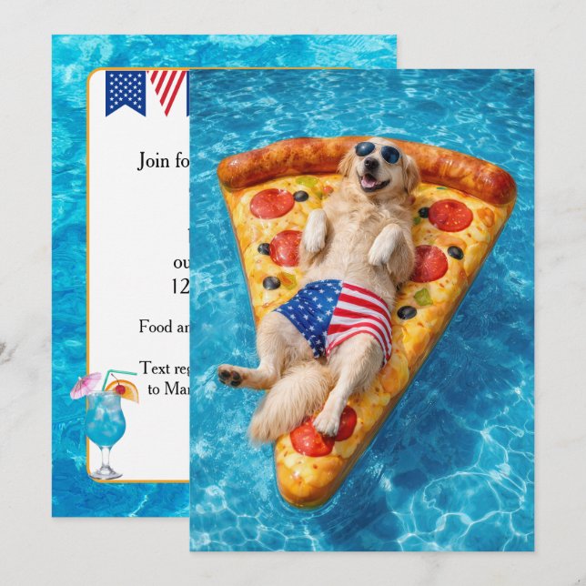 Invitación Fiesta de Piscina con Golden Retriever (Anverso / Reverso)