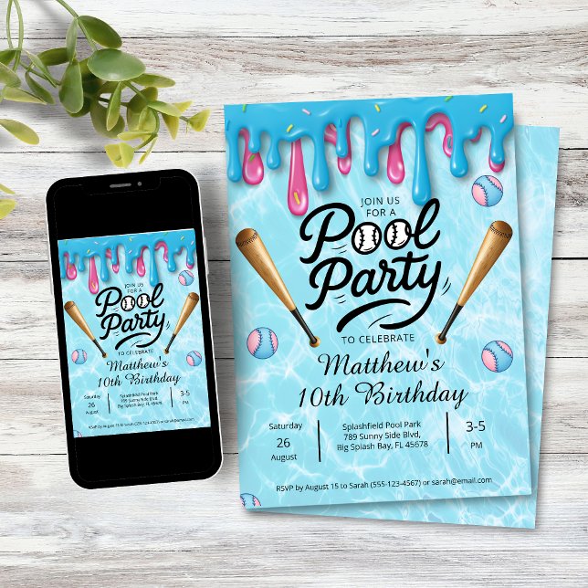 Invitación Fiesta de Piscina con Goteo de Béisbol para Niños  (Baseball Drip Pool Party Birthday Invitation)