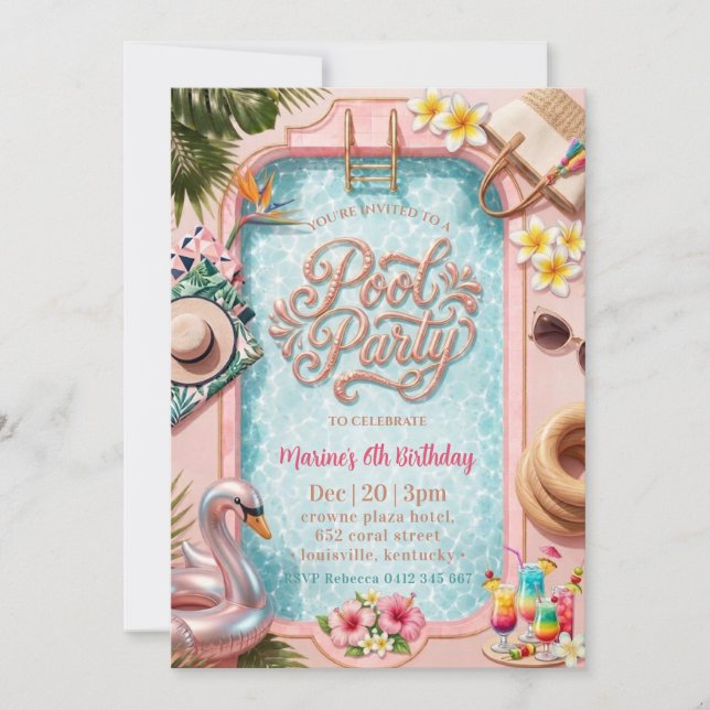 Invitación Fiesta de Piscina Coquette Rosa Cumpleaños de Vera (Anverso)