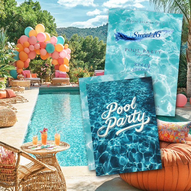 Invitación Fiesta de Piscina Cumpleaños 16 Burbujas de Agua A (Subido por el creador)