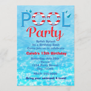 Invitación FIESTA DE PISCINA Cumpleaños Rojo Tipografía Invit