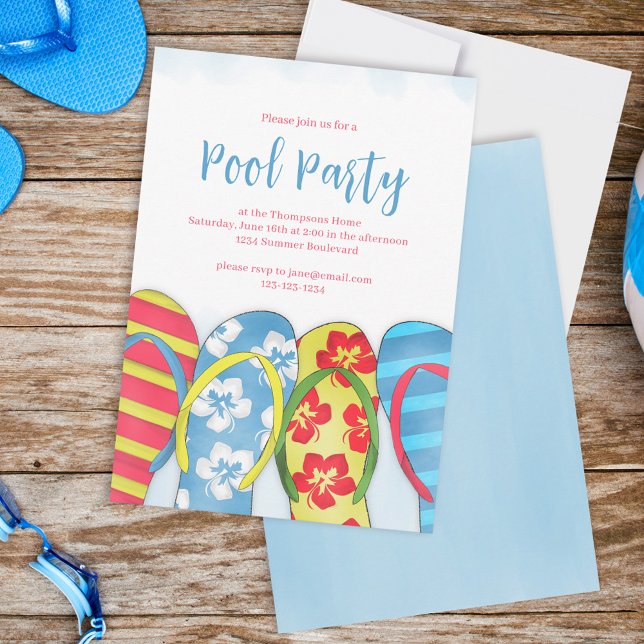 Invitación Fiesta de piscina de agua azul acuática de verano (Summer pool party flip flops invitations.)