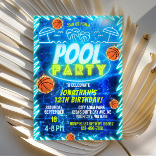 Invitación Fiesta de Piscina de Baloncesto Neon Glow Azul Cum