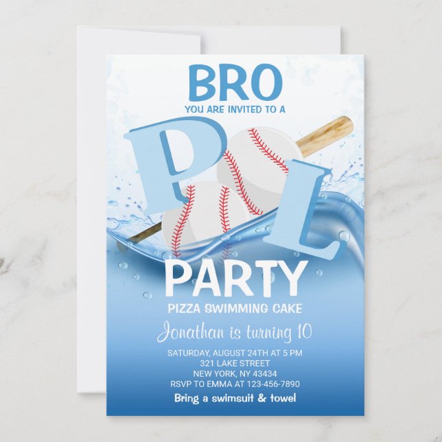 Invitación Fiesta de Piscina de Béisbol Cumpleaños 10 (Anverso)