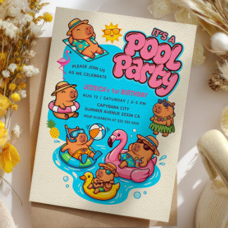 Invitación Fiesta de Piscina de Carpincho Vibrante Cumpleaños