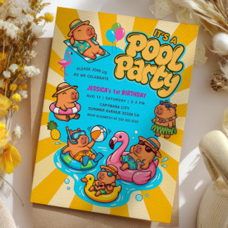 Invitación Fiesta de Piscina de Carpinchos Rayos de Sol Retro