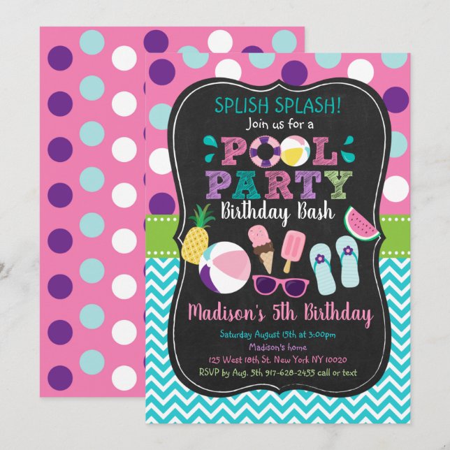 Invitación Fiesta de piscina de Chicas cutáneos Crema de hiel (Anverso / Reverso)