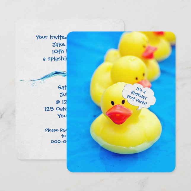Invitación fiesta de piscina de cumpleaños con patos de cauch (Anverso / Reverso)