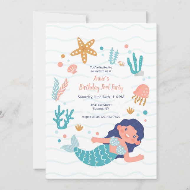 Invitación Fiesta de Piscina de Cumpleaños de Sirena (Anverso)
