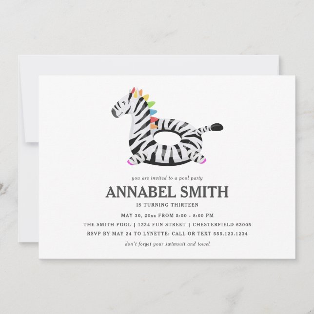 Invitación Fiesta de piscina de cumpleaños flotante de cebra (Anverso)