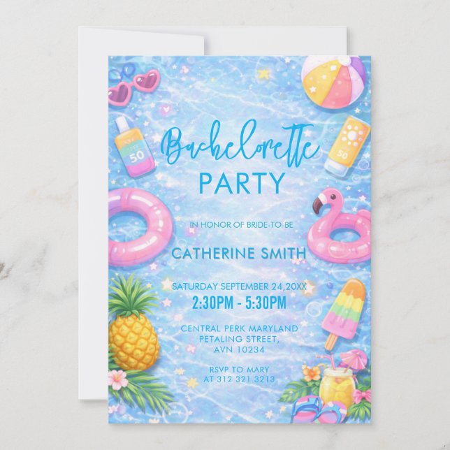 Invitación Fiesta de Piscina de Despedida de Soltera Tropical (Anverso)