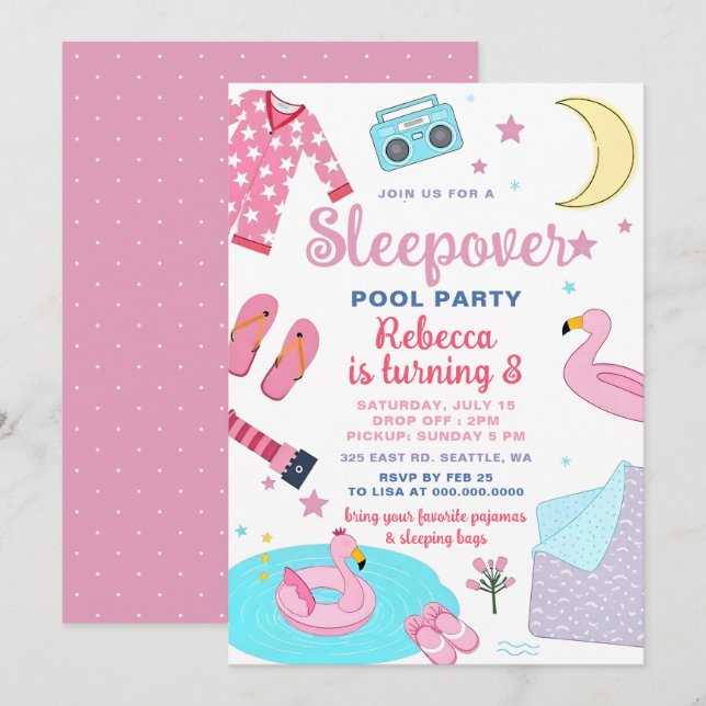 Invitación Fiesta de Piscina de Dormir Chica Rosa Cumpleaños  (Anverso / Reverso)