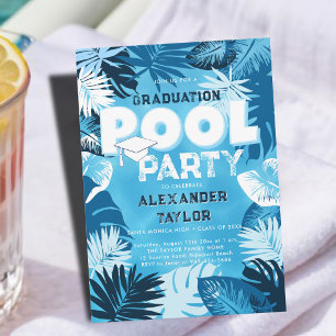 Invitación Fiesta de Piscina de Graduación Tropical Verde Azu