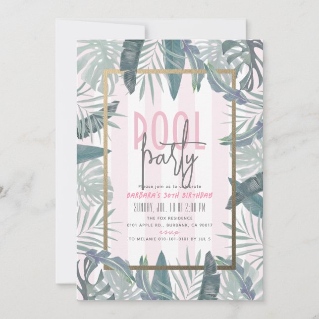 Invitación Fiesta de piscina de hojas tropicales Adultos rosa (Anverso)