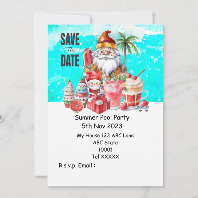 Invitación Fiesta de piscina de navidades con bebidas de Sant (Anverso)