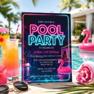 Invitación Fiesta de Piscina de Neón, Fiesta de Verano en la 