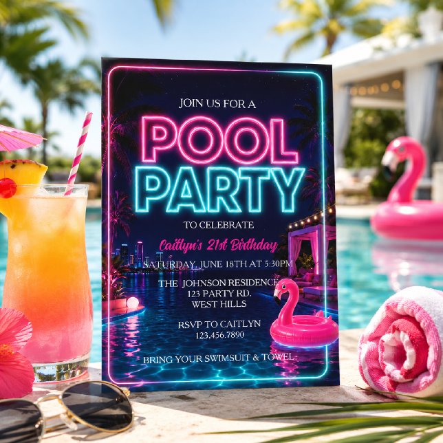 Invitación Fiesta de Piscina de Neón, Fiesta de Verano en la  (Subido por el creador)