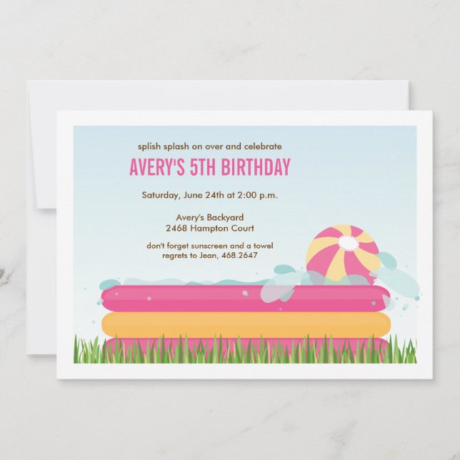 Invitación Fiesta de piscina de patio trasero rosado Cumpleañ (Anverso)