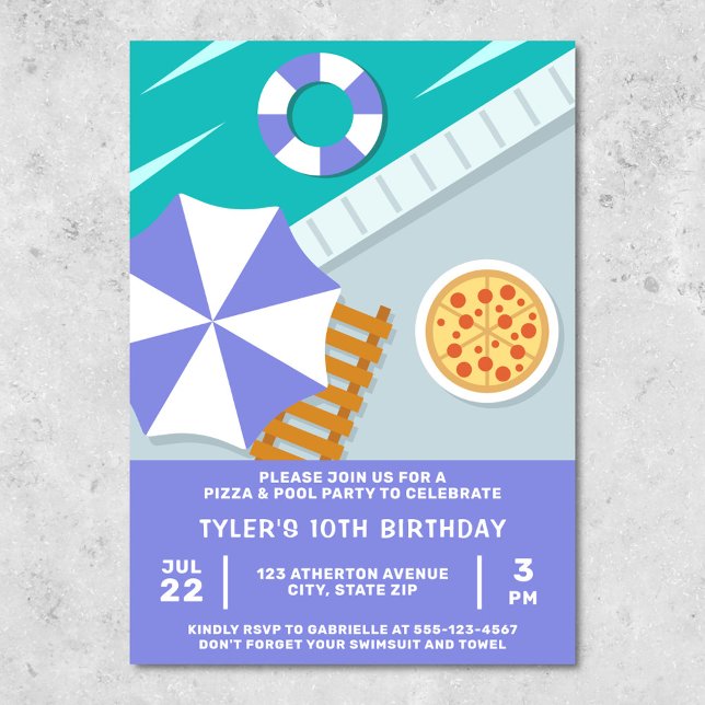 Invitación Fiesta de Piscina de Pizza Piscina Azul Moderna (Pizza pool party invitation)
