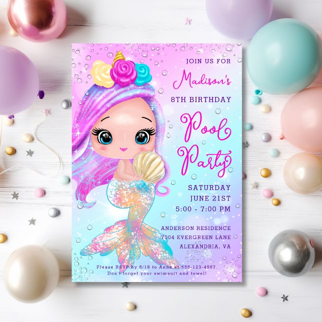 Invitación Fiesta de Piscina de Purpurina Sirviente Cumpleaño (Subido por el creador)