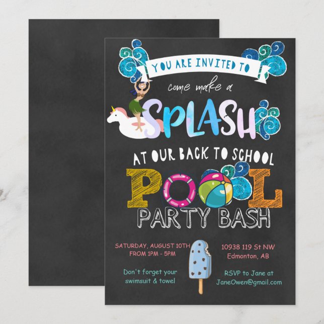 Invitación Fiesta de Piscina de Regreso a Clases (Anverso / Reverso)