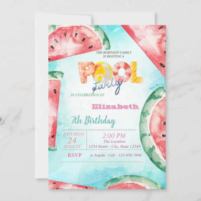 Invitación Fiesta de Piscina de Sandías con Acuarela (Anverso)