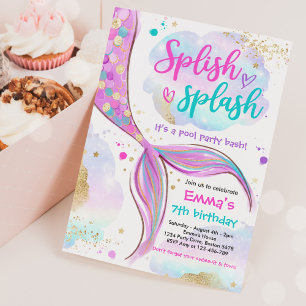 Invitación Fiesta De Piscina De Sirena Sirena Rosa Bajo El Ma