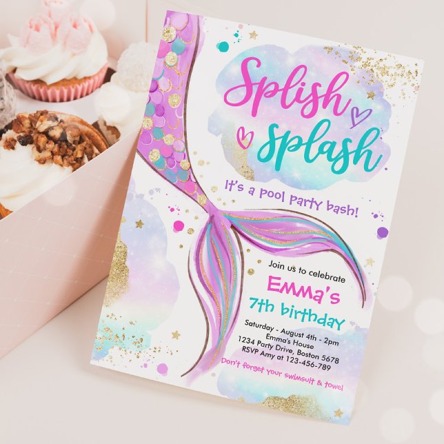 Invitación Fiesta De Piscina De Sirena Sirena Rosa Bajo El Ma (Subido por el creador)