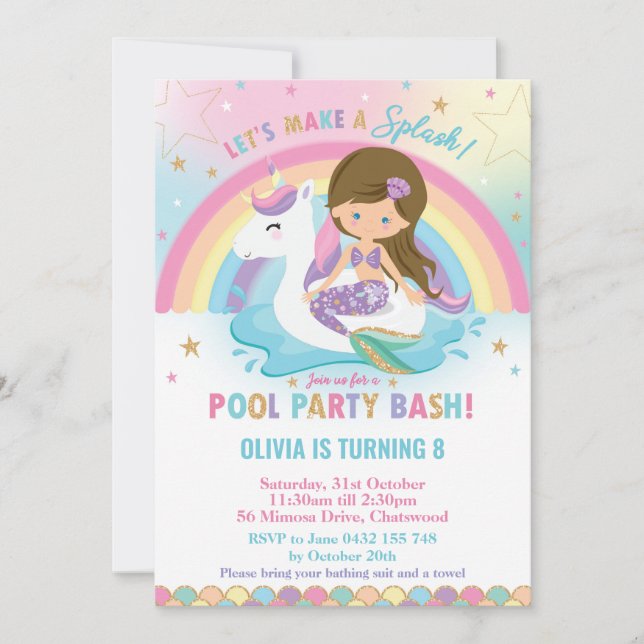 Invitación Fiesta de Piscina de Sirena y Unicornio, Ojos Azul (Anverso)