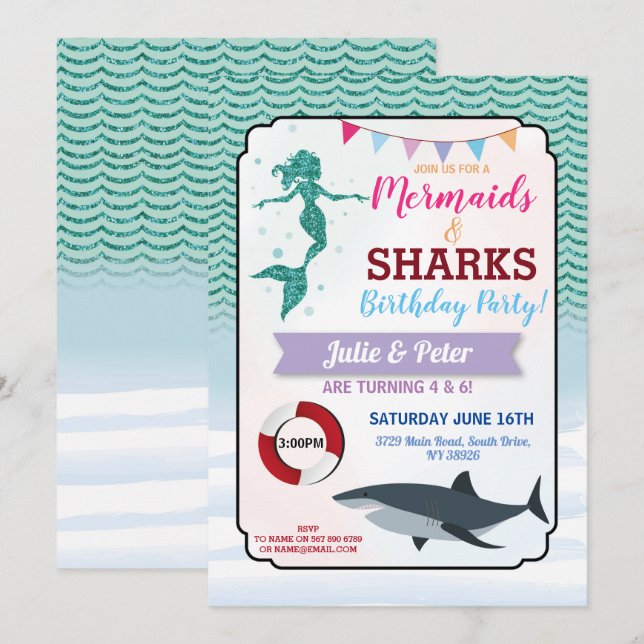 Invitación Fiesta de Piscina de Tiburones Sirvientes Chica Cu (Anverso / Reverso)