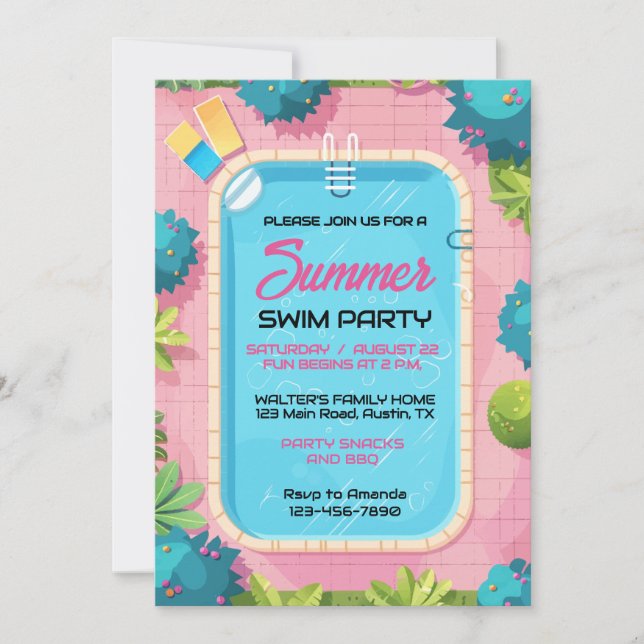 Invitación Fiesta de Piscina de Verano Colorida (Anverso)