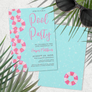 Invitación Fiesta de Piscina de Verano Cumpleaños 16 Rosa Swe