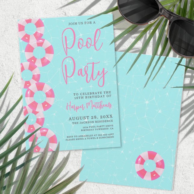 Invitación Fiesta de Piscina de Verano Cumpleaños 16 Rosa Swe (Summer Pool Party Pink Sweet 16 Birthday Invitation )
