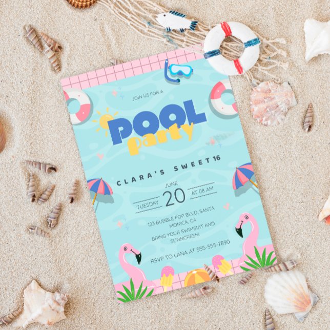 Invitación Fiesta de piscina de verano de 16 dulces rosados y (Subido por el creador)