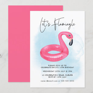 Invitación Fiesta de Piscina de Verano Flamenco Rosa Cumpleañ