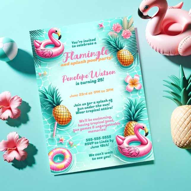 Invitación Fiesta de piscina de verano Fun Flamingo y Pineapp (Subido por el creador)