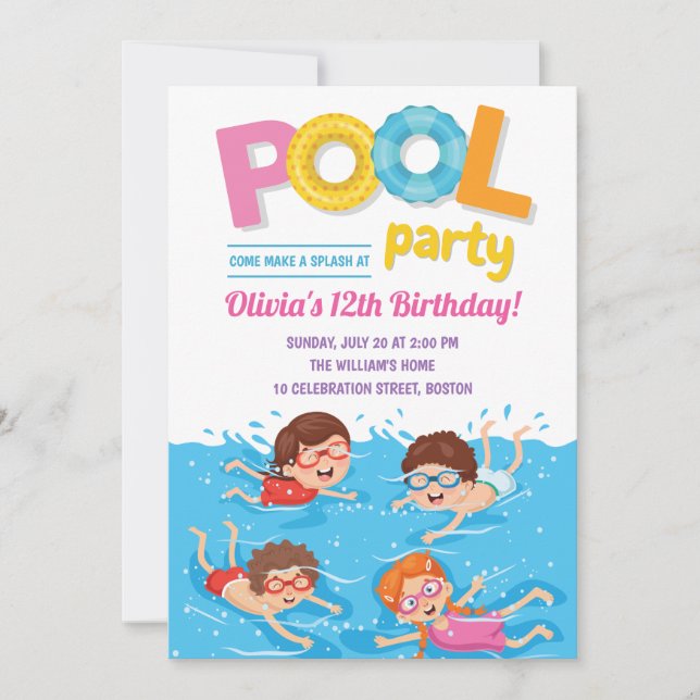 Invitación Fiesta de piscina de verano infantil lindo cumplea (Anverso)