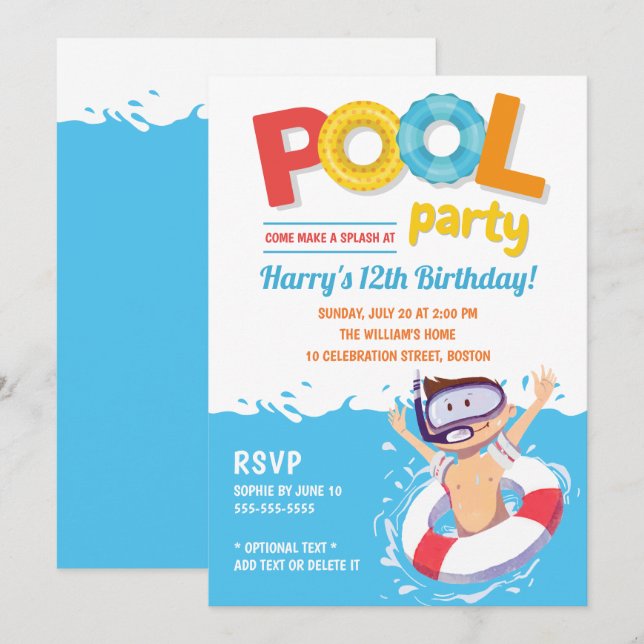 Invitación Fiesta de piscina de verano lindo cumpleaños (Anverso / Reverso)
