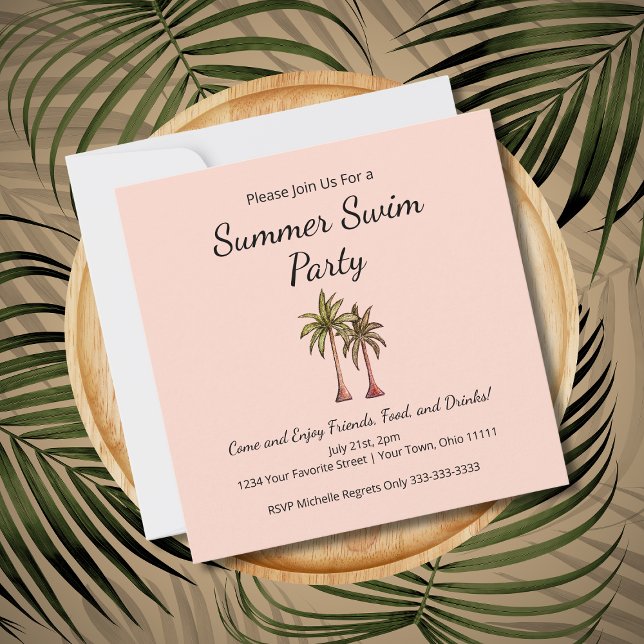 Invitación Fiesta de piscina de verano rosada Rubor Palm Trep (Subido por el creador)