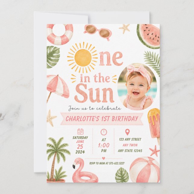 Invitación Fiesta de Piscina de Verano - Uno al Sol Cumpleaño (Anverso)